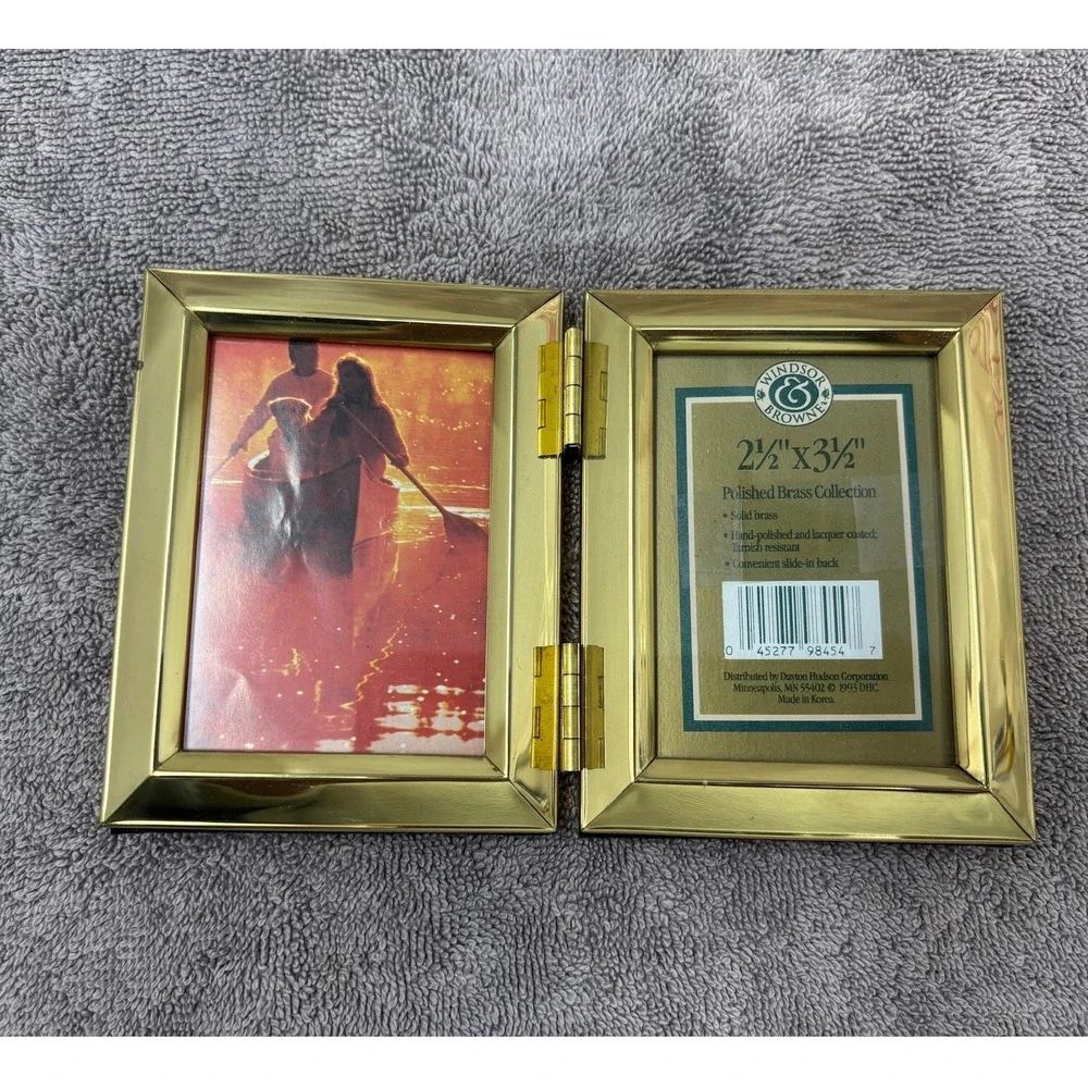 Vtg Picture Frame Gold Solid Brass Double Hinged 2.5x3.5 Windsor Browne